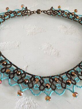 Czech Glass Bead 20" CARMEN Necklace TURQUOISE & BRONZE